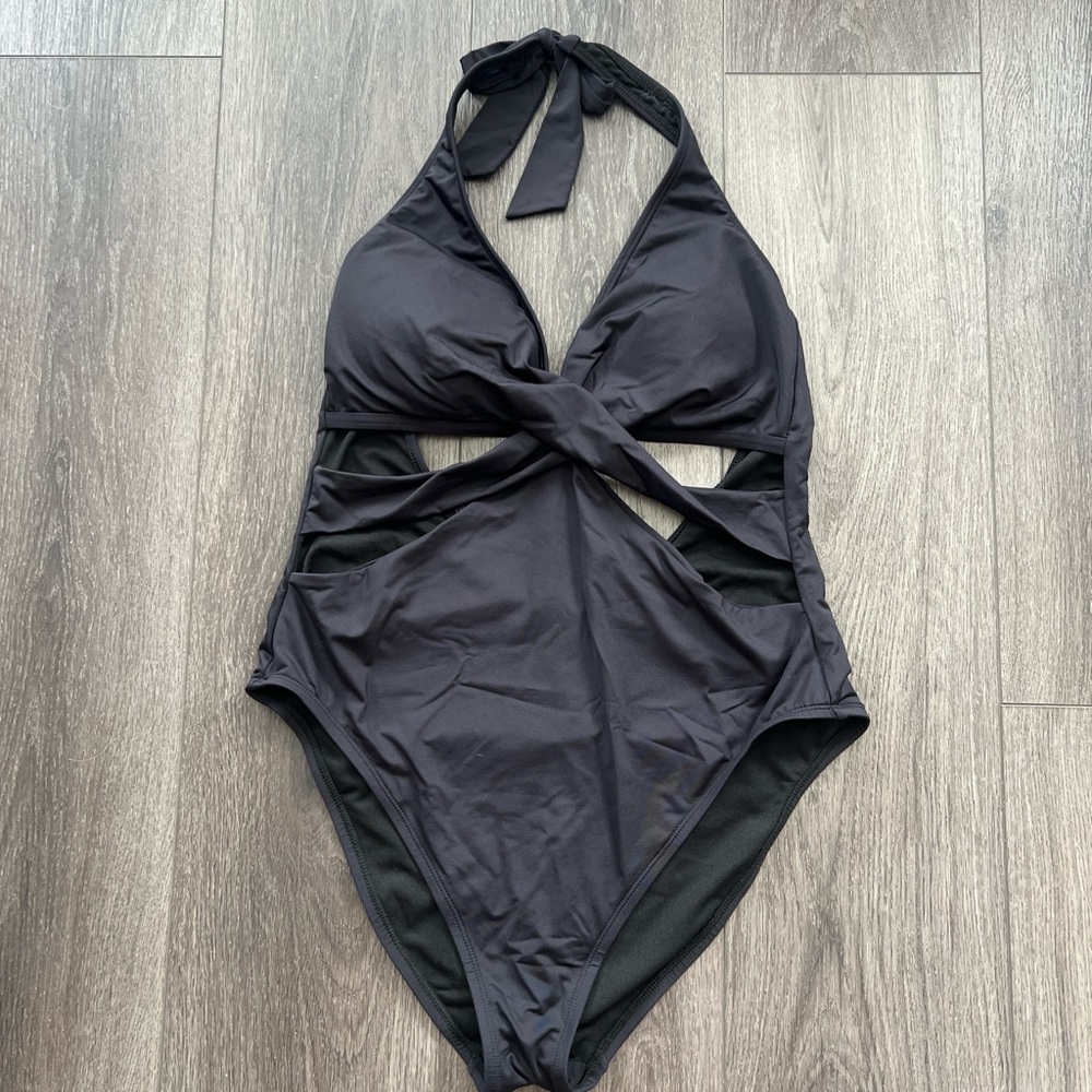 KENNETH COLE soft Black one piece swimsuit with halter top L